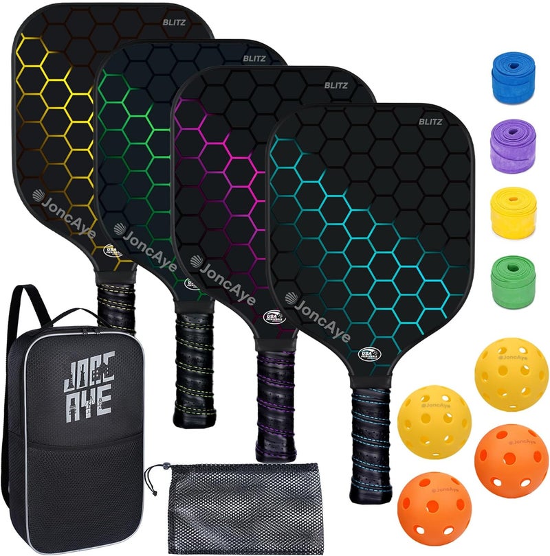 JoncAye Pickleball-Paddles-Set of 4 or 2 Rackets by , USAPA Approved Pickle-Ball Equipment with Balls, Bag, Accessories, Fiberglass Graphite Pickleball Racquet Set for Men, Women - Image 1